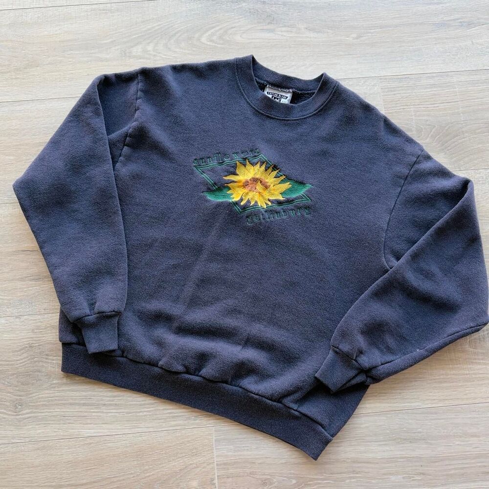 Lee Women's Medium Navy Sweatshirt Gatlinburg Sunflower VTG 90's Cottage Granny